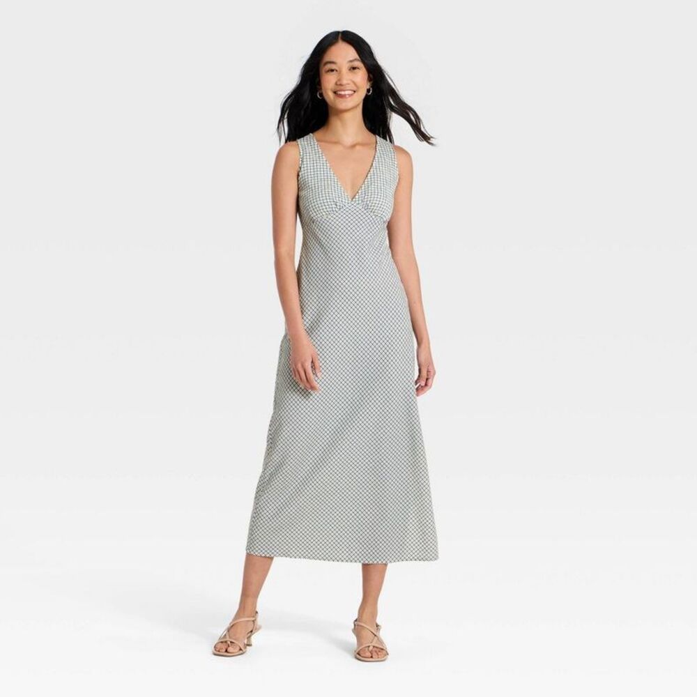 Women's Seersucker Midi Dress - A New Day Cream Plaid XL
